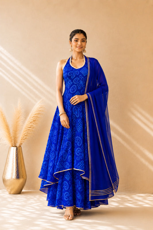 INARA BLUE BANDHEJ HALTER ANARKALI SET