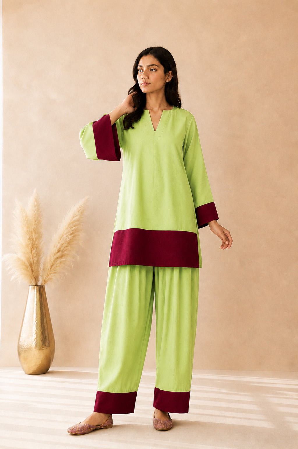 IQRA GREEN & BROWN COLOR BLOCK FARSHI SET