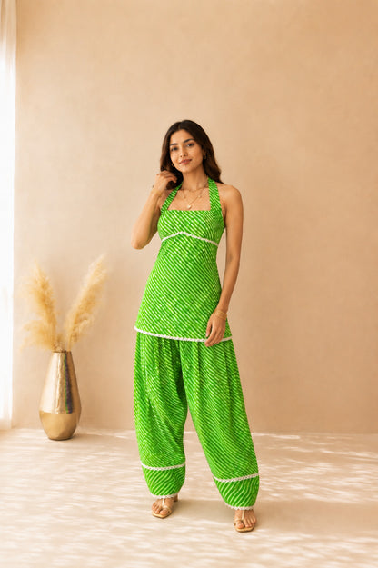 SARVANI GREEN COTTON LEHERIYA FARSHI SET WITH DUPATTA