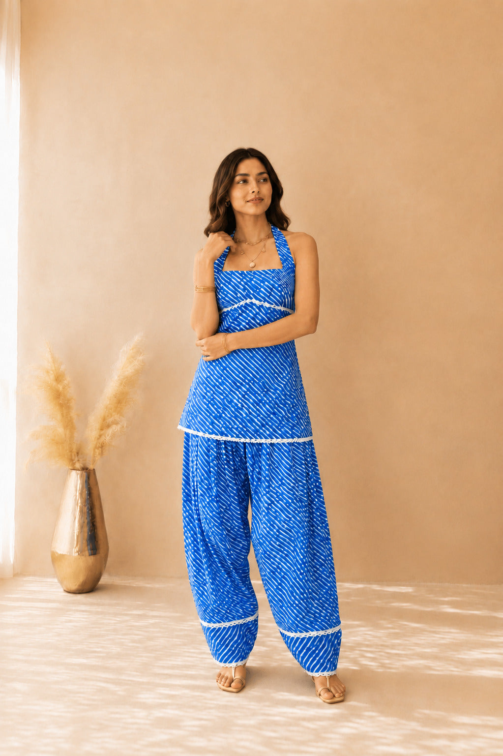 RAVYA BLUE COTTON LEHERIYA FARSHI SET WITH DUPATTA