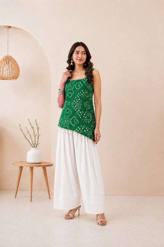 SOHINI GREEN ASYMETTRIC BANDHEJ FARSHI SET