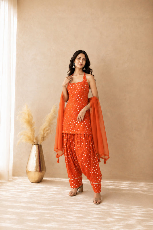 ANUSHI ORANGE BANDHEJ FARSHI SET