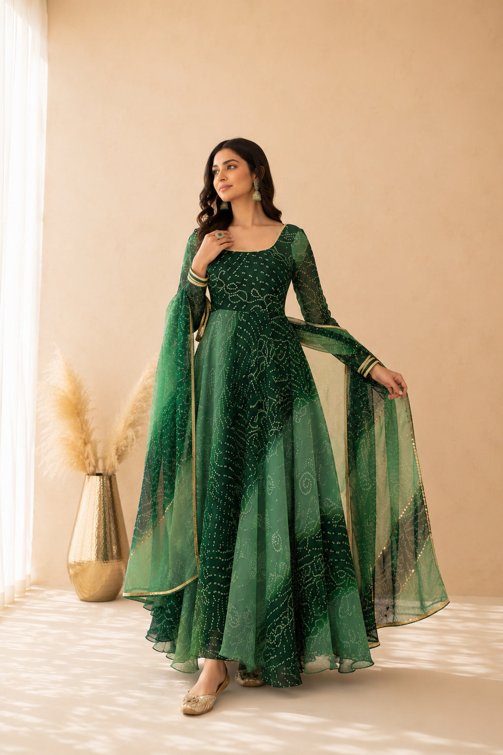 LEHZA GREEN OMBRE BANDHEJ ANARKALI SET