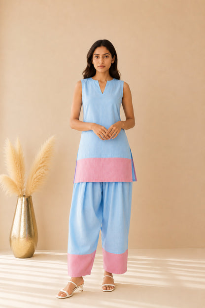SHEEN POWDER BLUE & PASTEL PINK COLOR BLOCK FARSHI SET