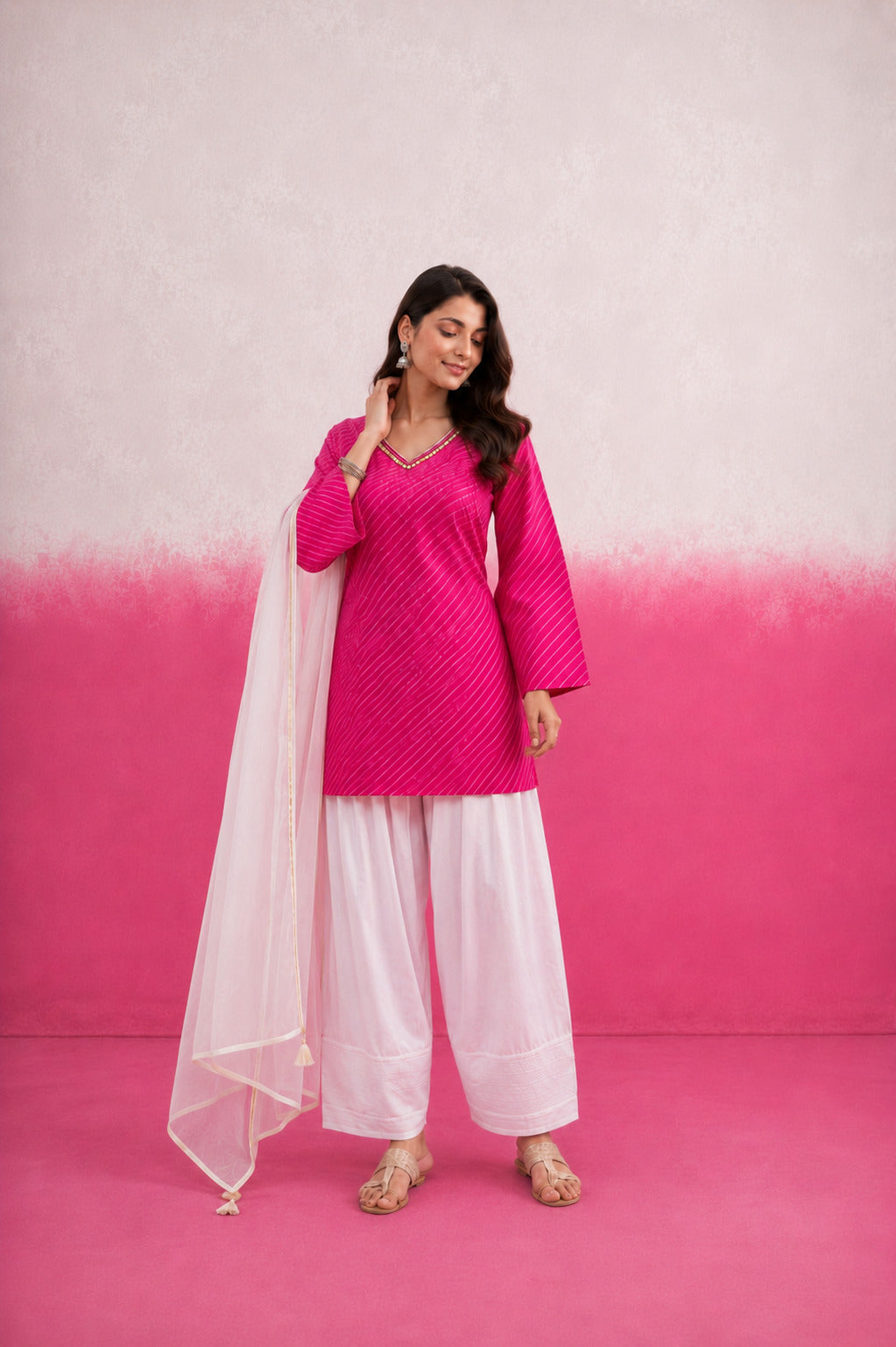 SHIVIKA PINK LEHERIYA FARSHI SET