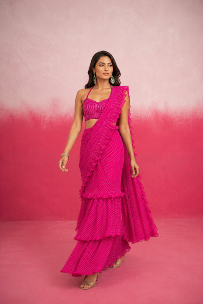 ISHMI MAGENTA PINK LEHERIYA RUFFLE SAREE