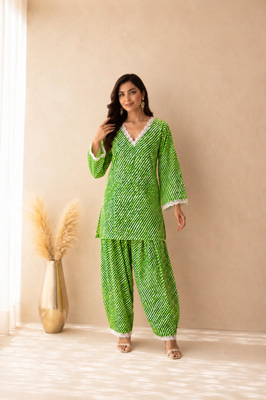 MALINI GREEN COTTON LEHERIYA FARSHI SET