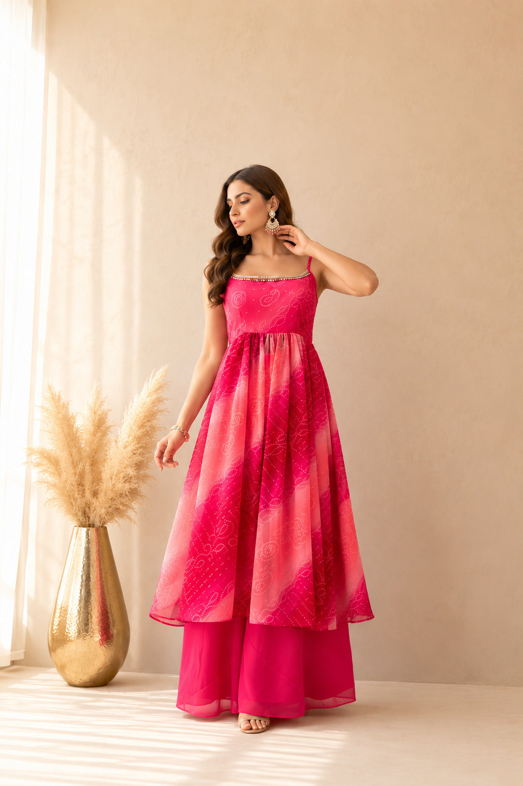 LEHERVI PINK OMBRE BANDHEJ NYRA CUT SUIT SET