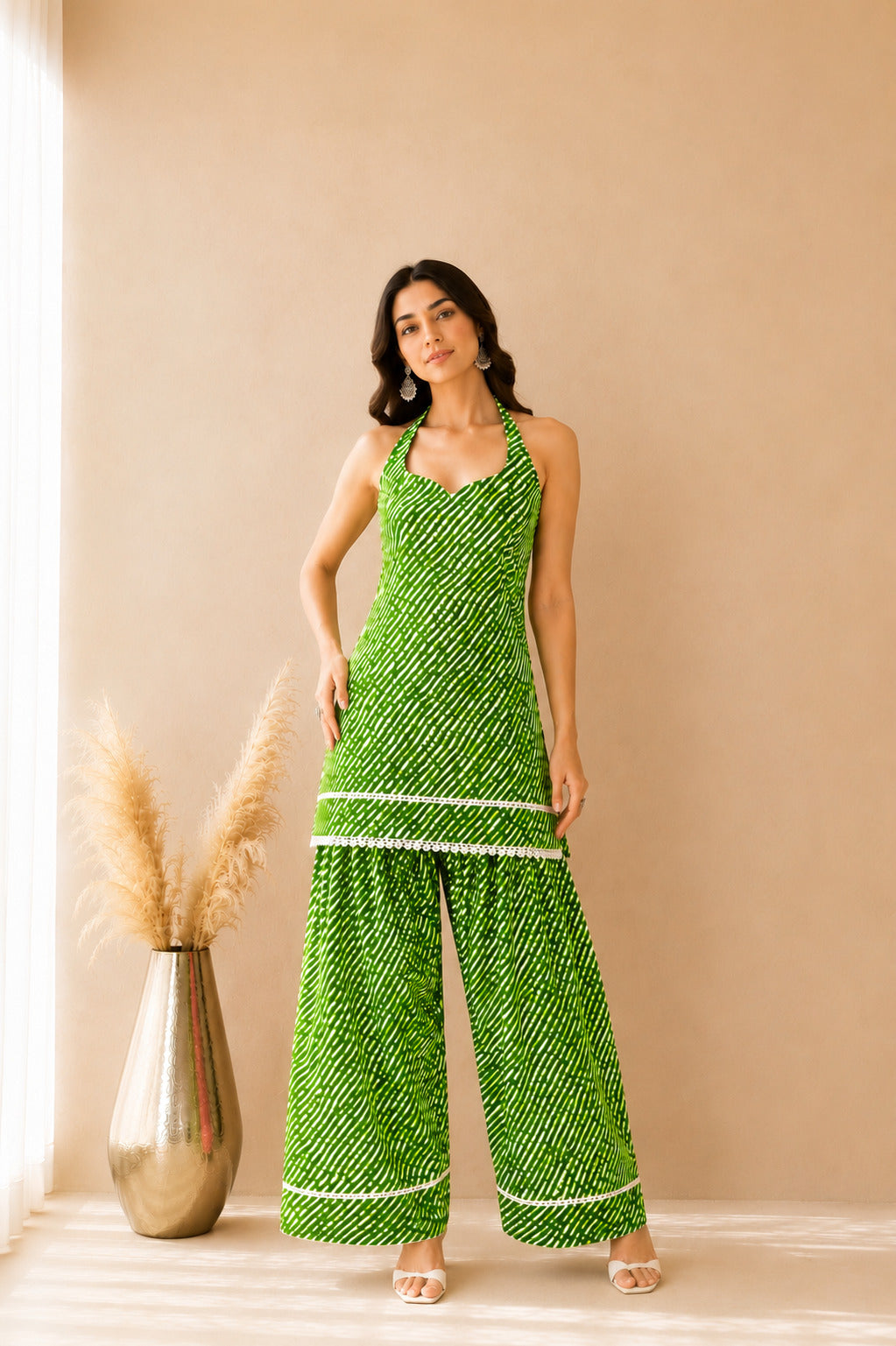 SUKAINA GREEN COTTON LEHERIYA FARSHI SET WITH DUPATTA