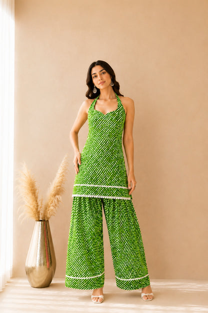 SUKAINA GREEN COTTON LEHERIYA FARSHI SET WITH DUPATTA
