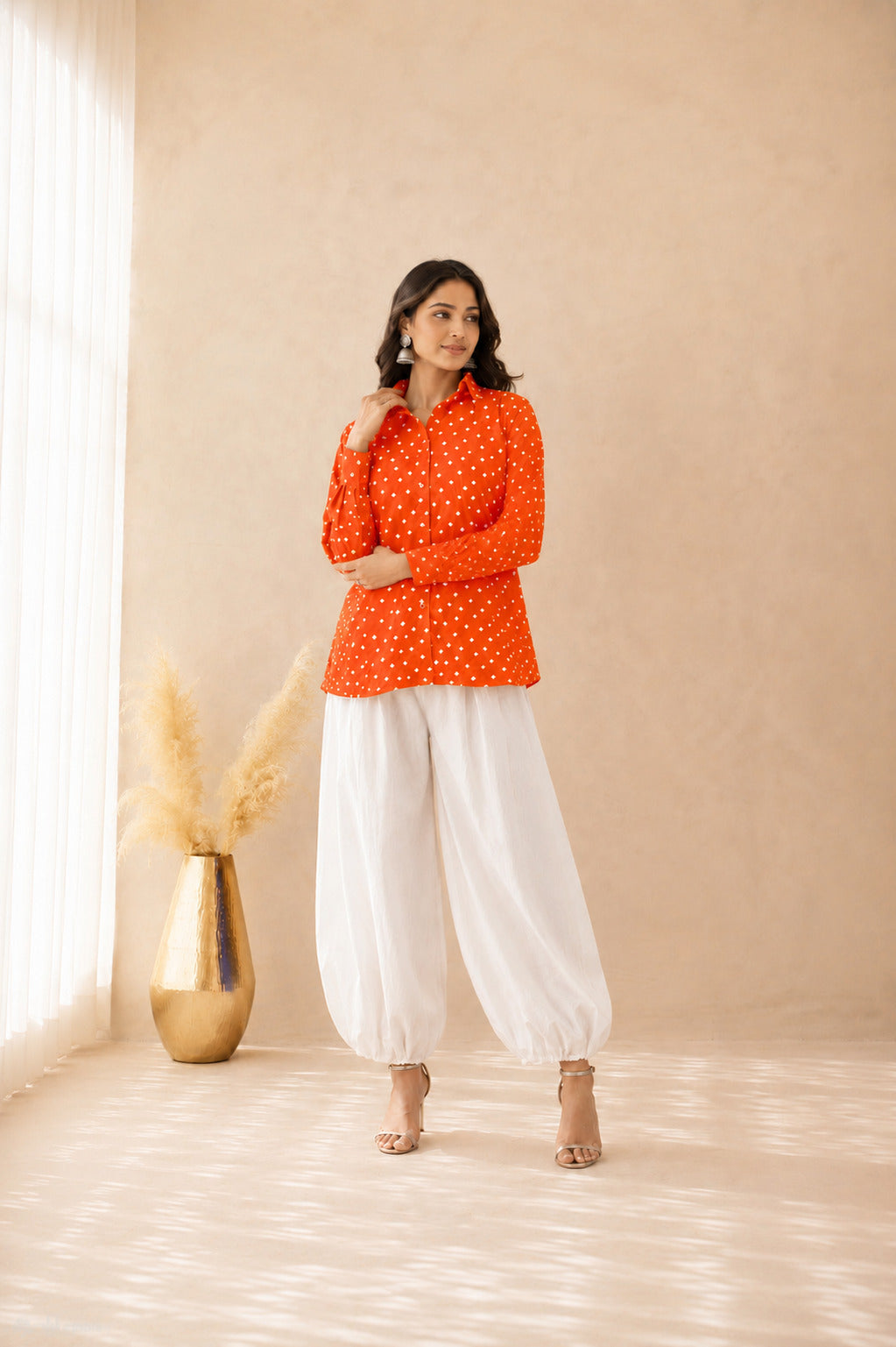 ENRIKA ORANGE BANDHEJ SHIRT AND BALLOON COORD SET