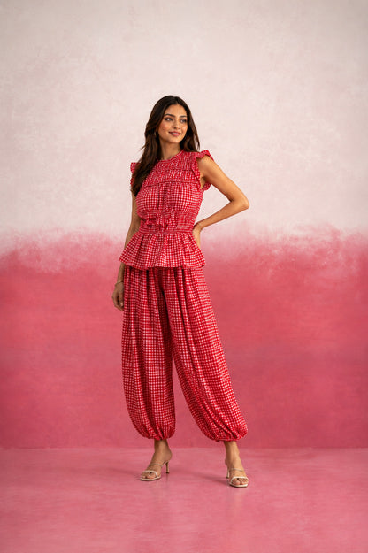 ALARIKA RED GINGHAM BALLOON COORD SET