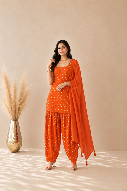 YAMINI ORANGE BANDHEJ FARSHI SET