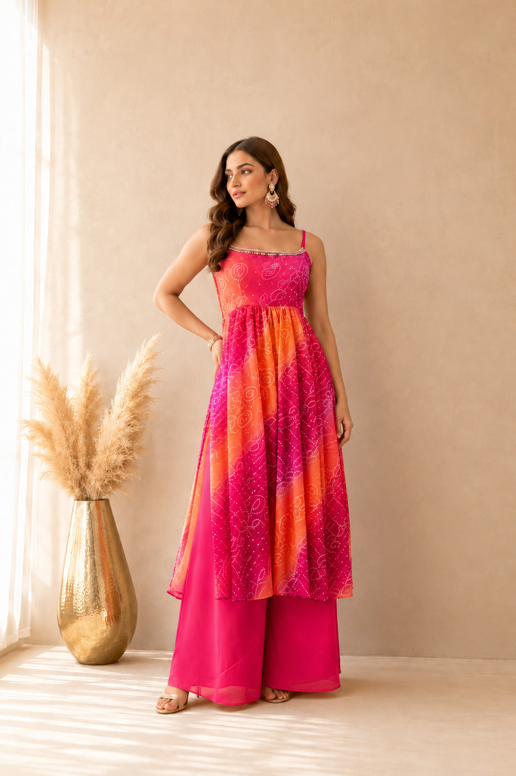 ELMIRA ORANGE OMBRE BANDHEJ NYRA CUT SUIT SET