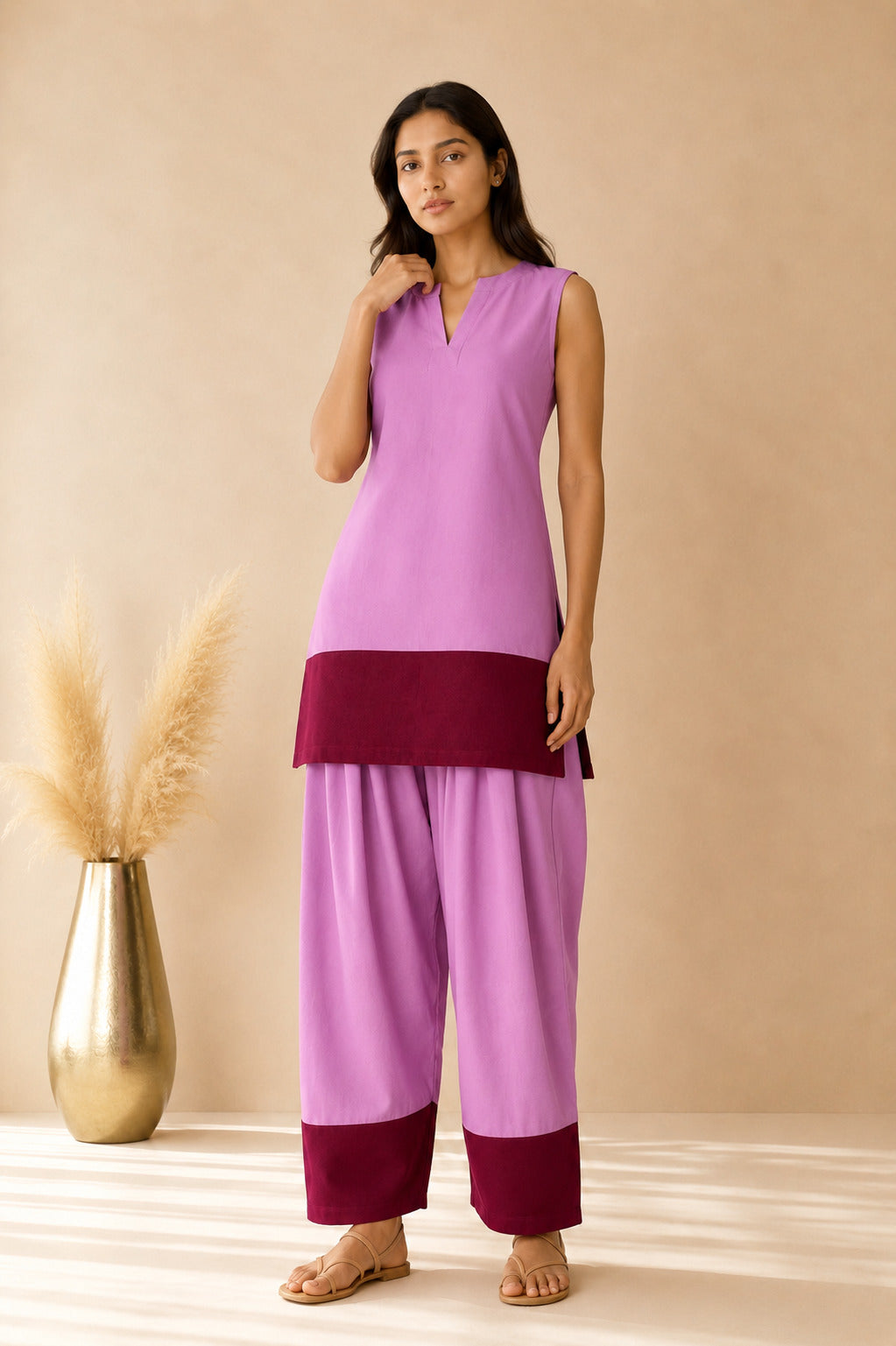 RAHEEL MAUVE & CHERRY COLOUR BLOCK FARSHI SET