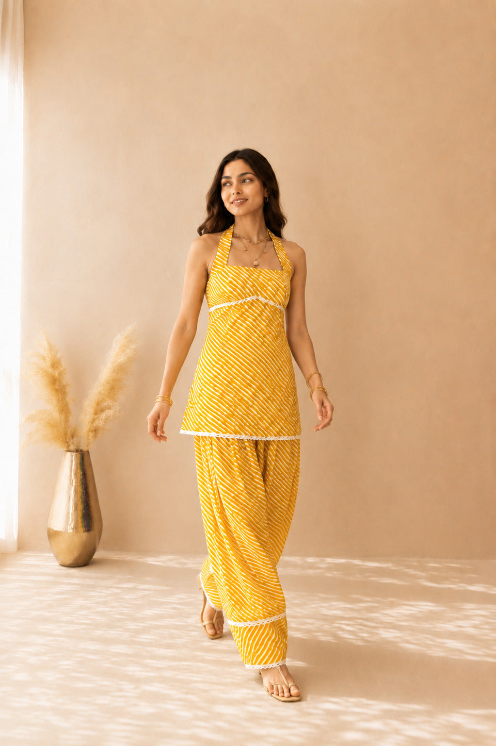 RIMI YELLOW COTTON LEHERIYA FARSHI SET WITH DUPATTA