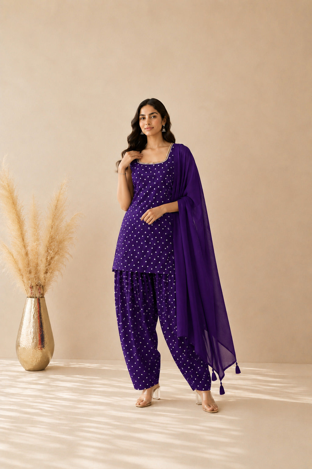 UNNATI PURPLE BANDHEJ FARSHI SET