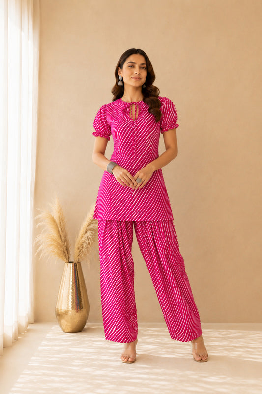 ARCHI PINK COTTON LEHERIYA FARSHI SET