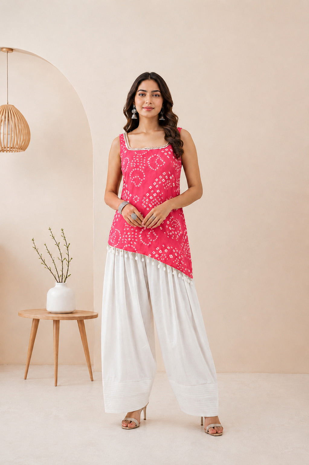 TARIKA PINK ASYMETTRIC BANDHEJ FARSHI SET