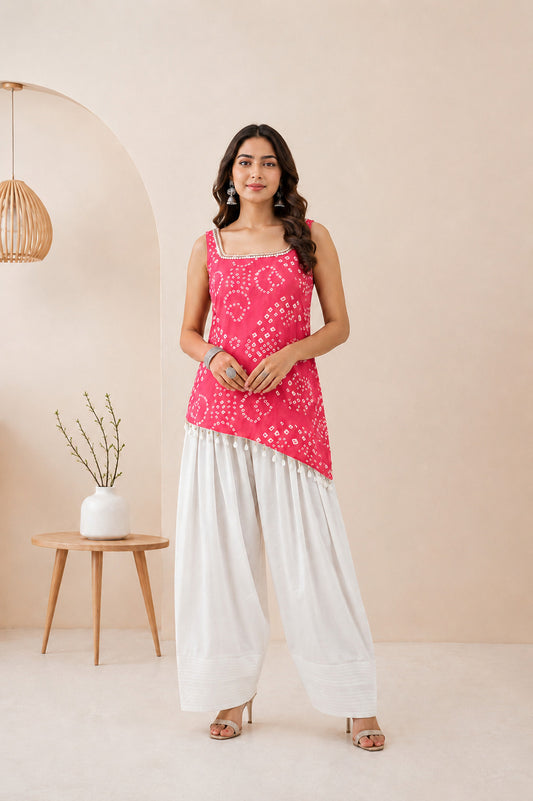 TARIKA PINK ASYMETTRIC BANDHEJ FARSHI SET