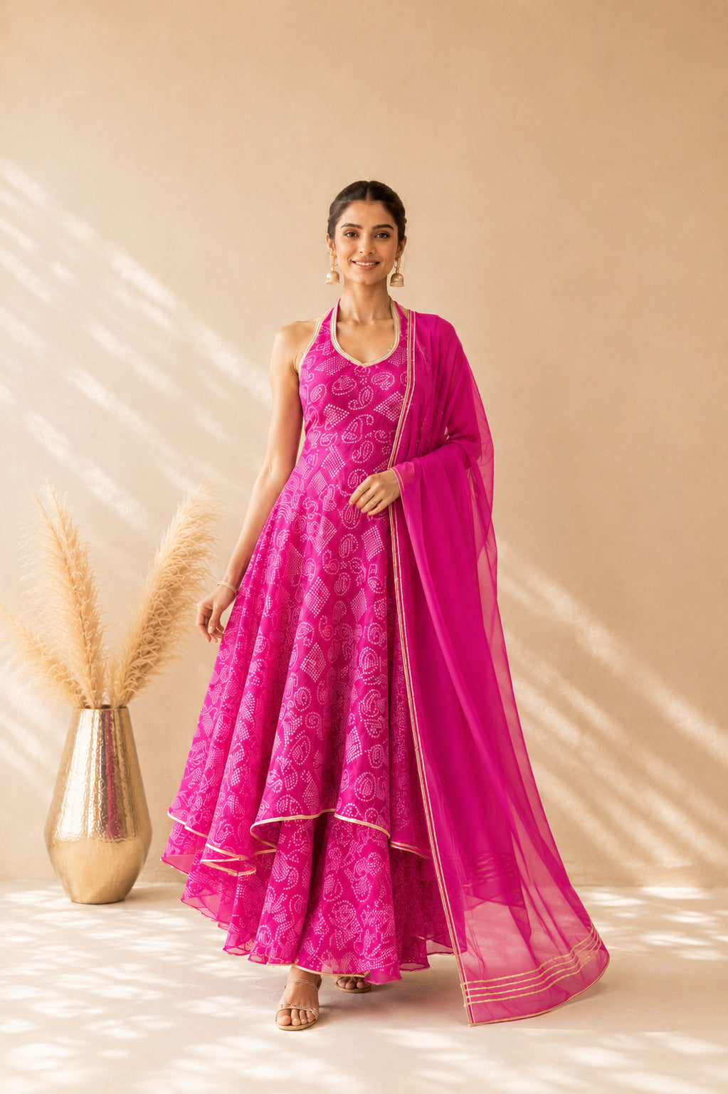 CHANDRI PINK BANDHEJ HALTER ANARKALI SET