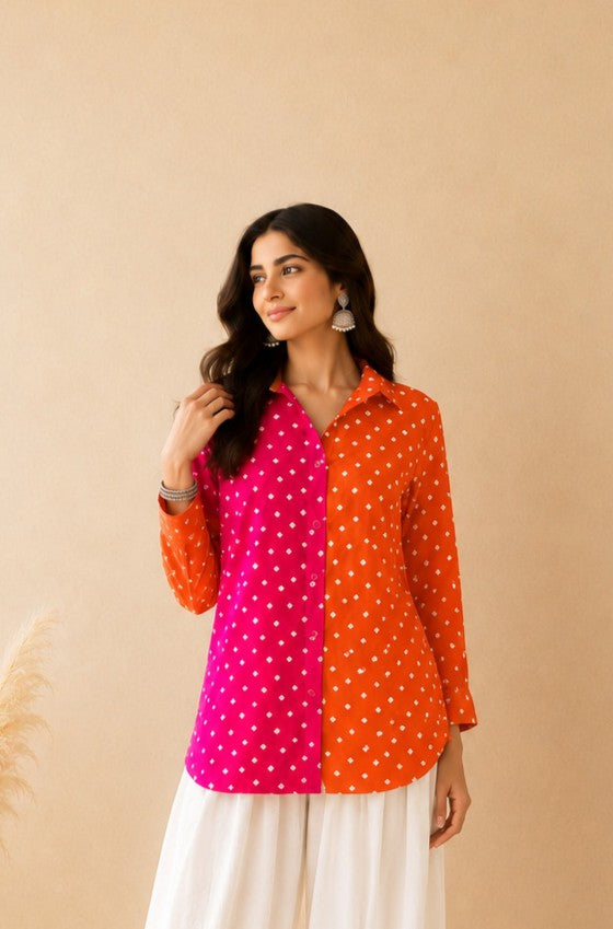 ARLINA PINK COLOR BLOCKED BANDHEJ SHIRT