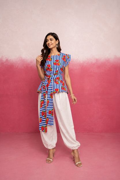 ARSHI BLUE STRAWBERRY STRIPE BALLOON COORD SET WITH BELT