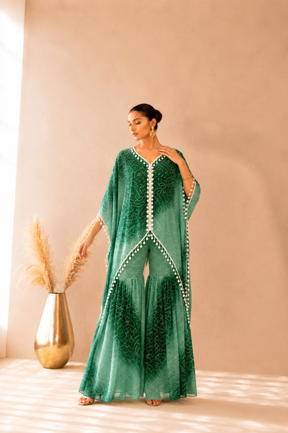 KYNARA GREEN OMBRE BANDHEJ KAFTAN SHARARA SET
