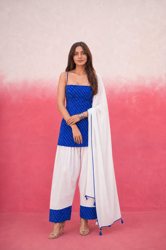 NIVARA ROYAL BLUE GEORGETTE MOTHRA FARSHI SET