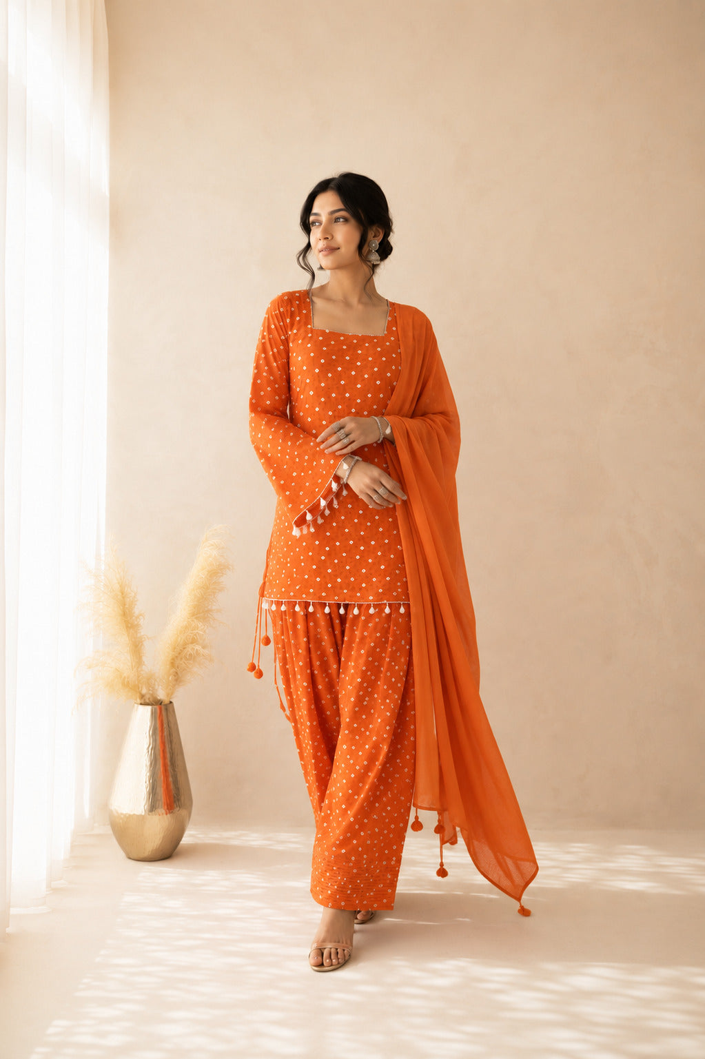 DIVYANGI ORANGE BANDHEJ FARSHI SET