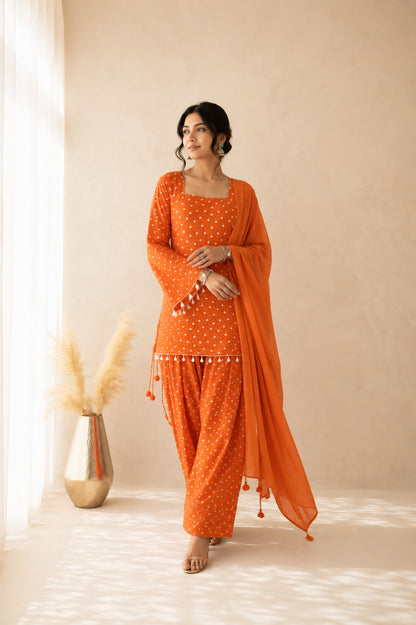 DIVYANGI ORANGE BANDHEJ FARSHI SET