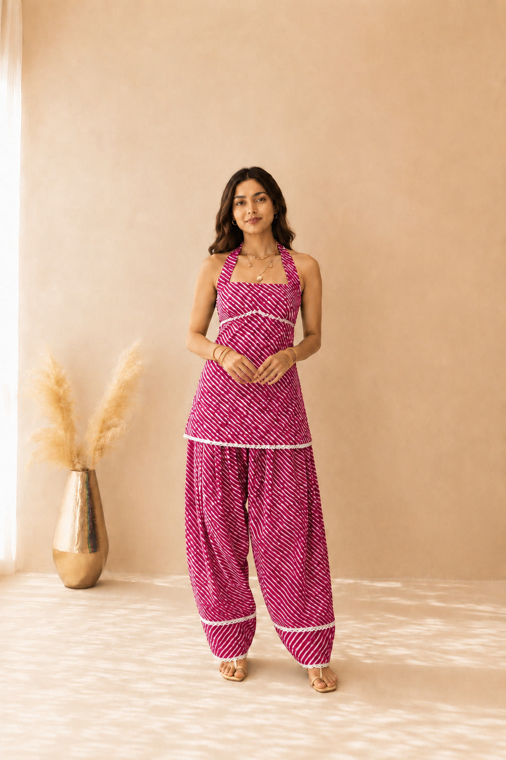 VANIKA PINK COTTON LEHERIYA FARSHI SET WITH DUPATTA