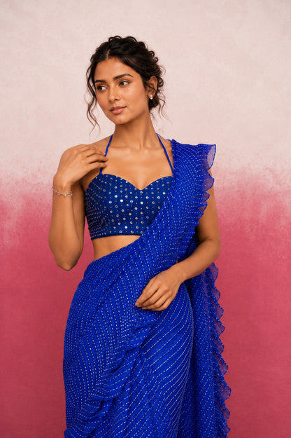 SRIJAA ROYAL BLUE LEHERIYA RUFFLE SAREE