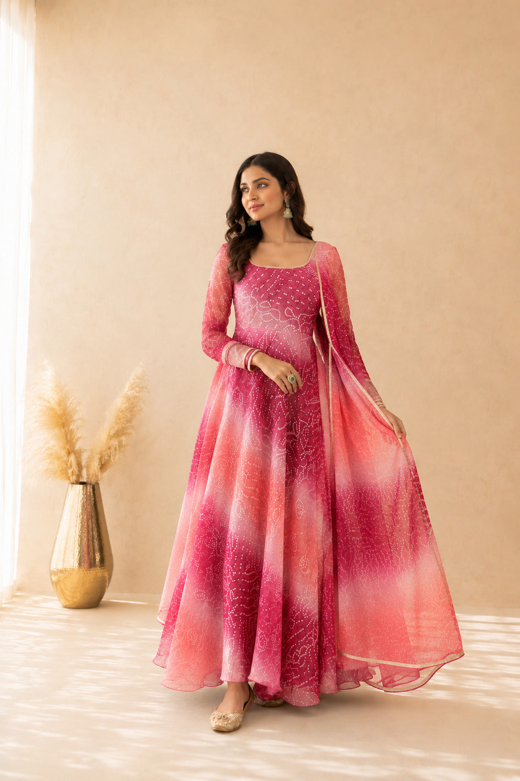 SAANJH PINK OMBRE BANDHEJ ANARKALI SET