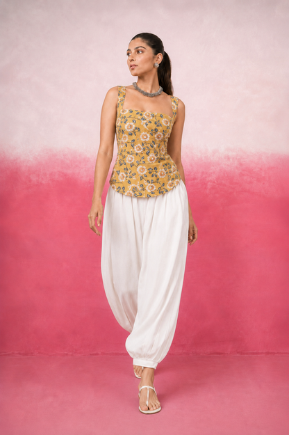 REHIKA YELLOW FLORAL BALLOON COORD SET