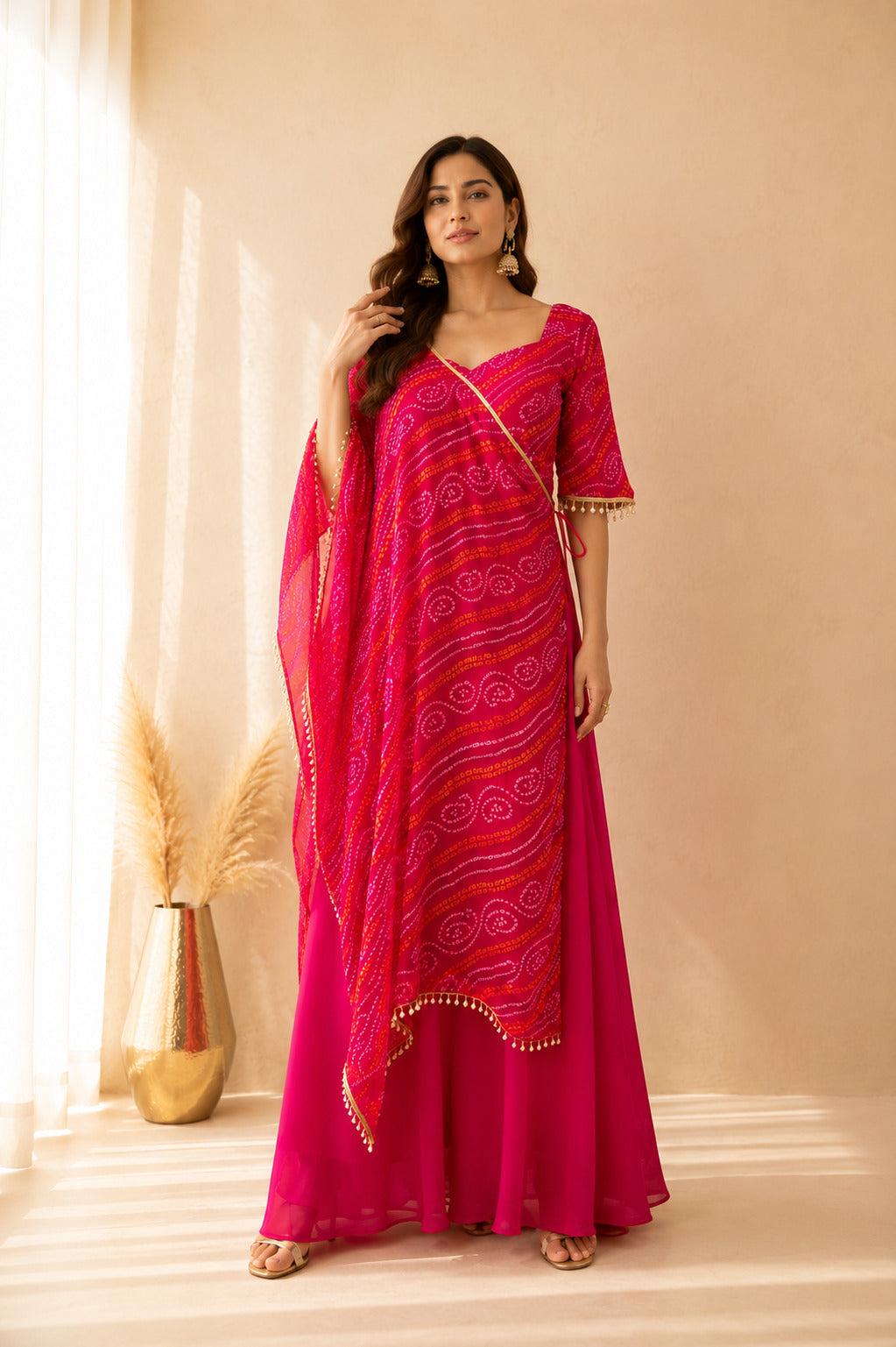 MEHRAZ RANI PINK BANDHEJ FUSION SET