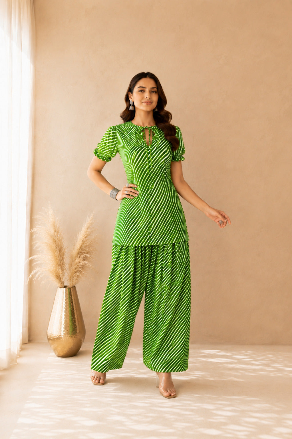 ABHA GREEN COTTON LEHERIYA FARSHI SET