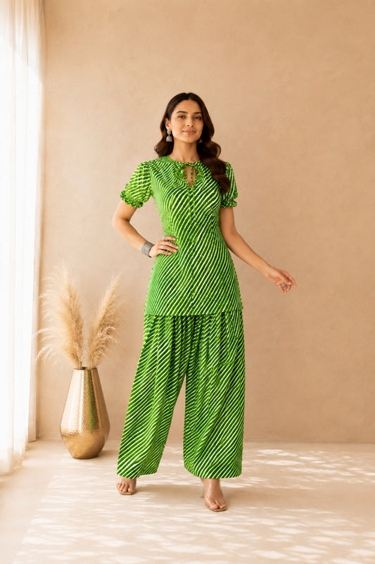 ABHA GREEN COTTON LEHERIYA FARSHI SET
