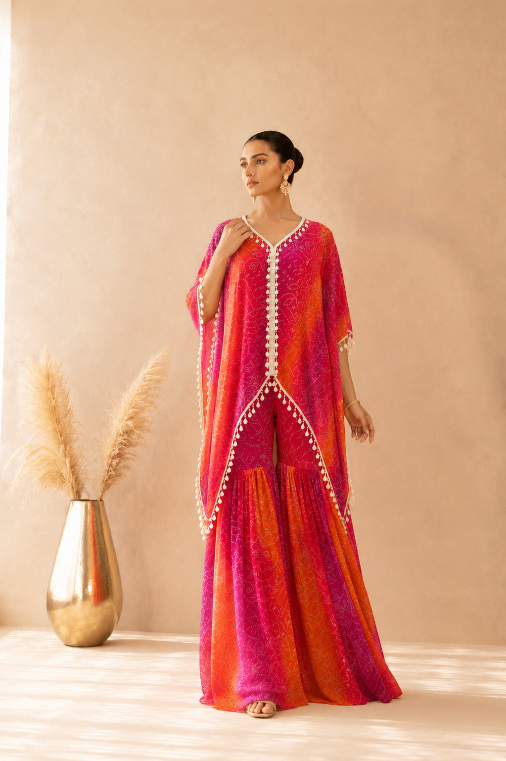 MAHEYA ORANGE OMBRE BANDHEJ KAFTAN SHARARA SET