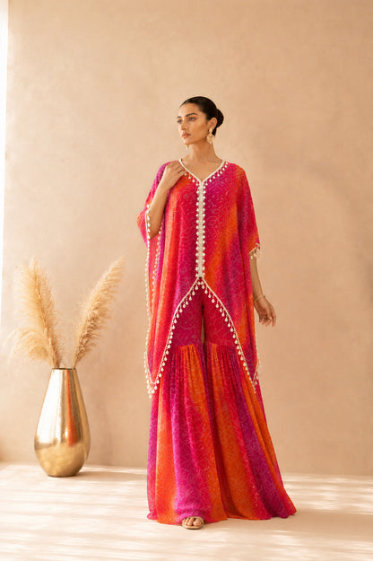 MAHEYA ORANGE OMBRE BANDHEJ KAFTAN SHARARA SET