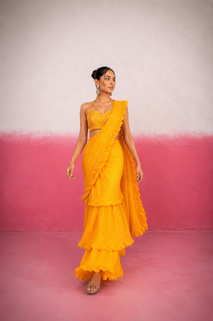 KRITHYA YELLOW LEHERIYA RUFFLE SAREE