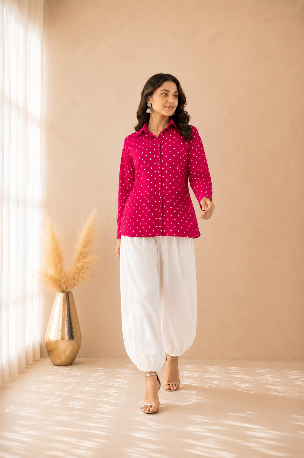 VAMIRA PINK BANDHEJ SHIRT AND BALLOON COORD SET