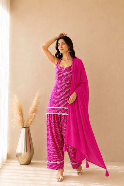 AVNIKA PINK COTTON LEHERIYA FARSHI SET WITH DUPATTA