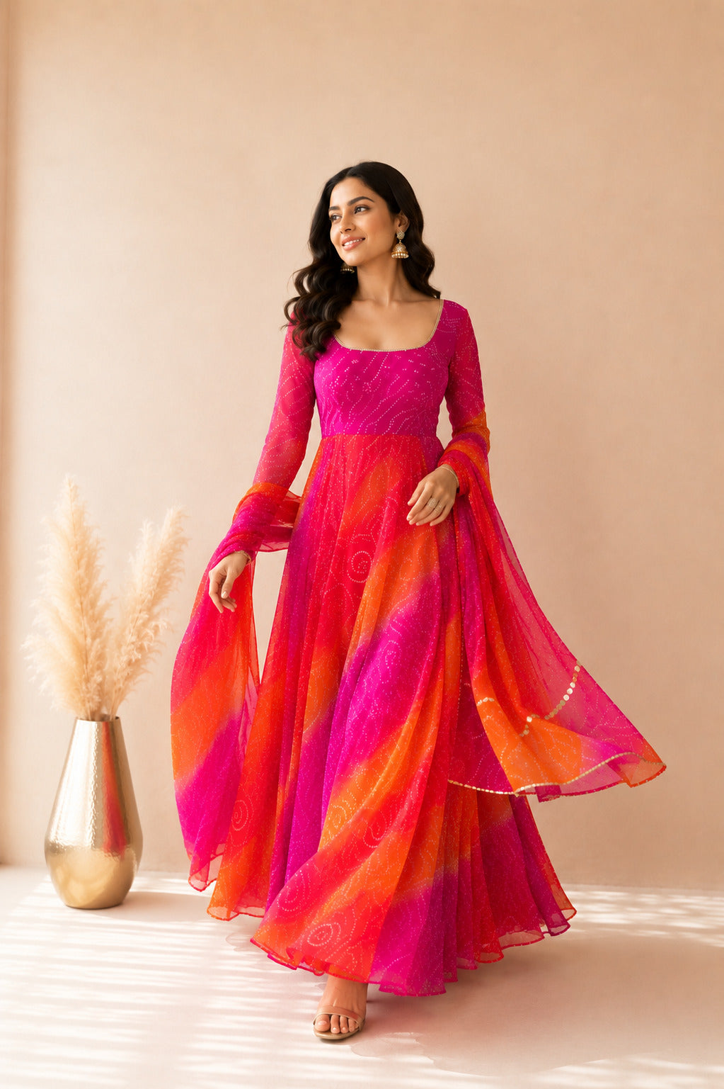 VAISHIRA ORANGE OMBRE BANDHEJ ANARKALI SET