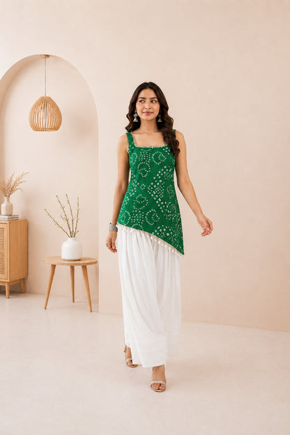 SOHINI GREEN ASYMETTRIC BANDHEJ FARSHI SET