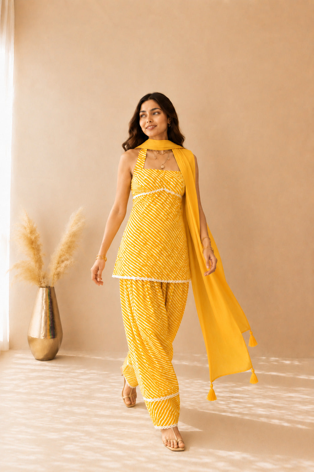 RIMI YELLOW COTTON LEHERIYA FARSHI SET WITH DUPATTA