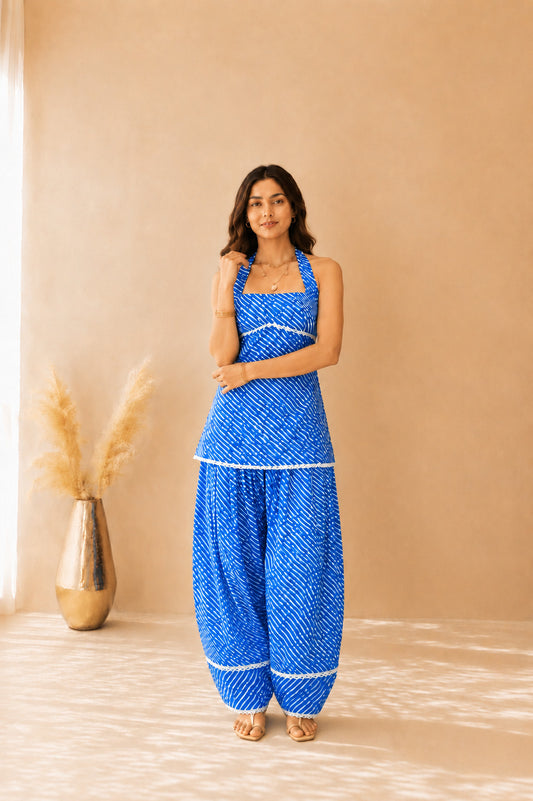 RAVYA BLUE COTTON LEHERIYA FARSHI SET WITH DUPATTA