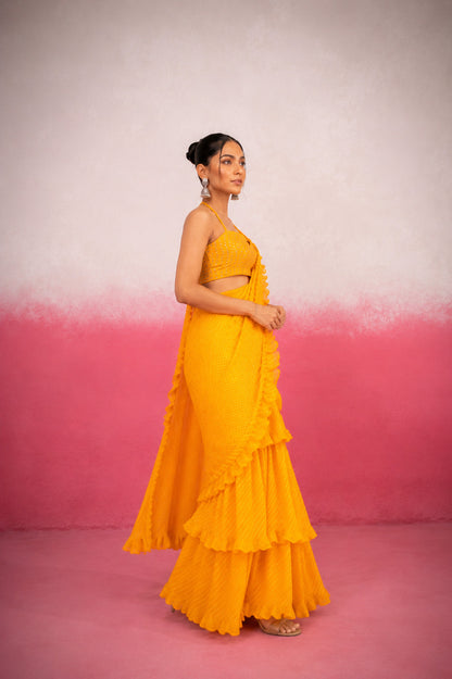 KRITHYA YELLOW LEHERIYA RUFFLE SAREE