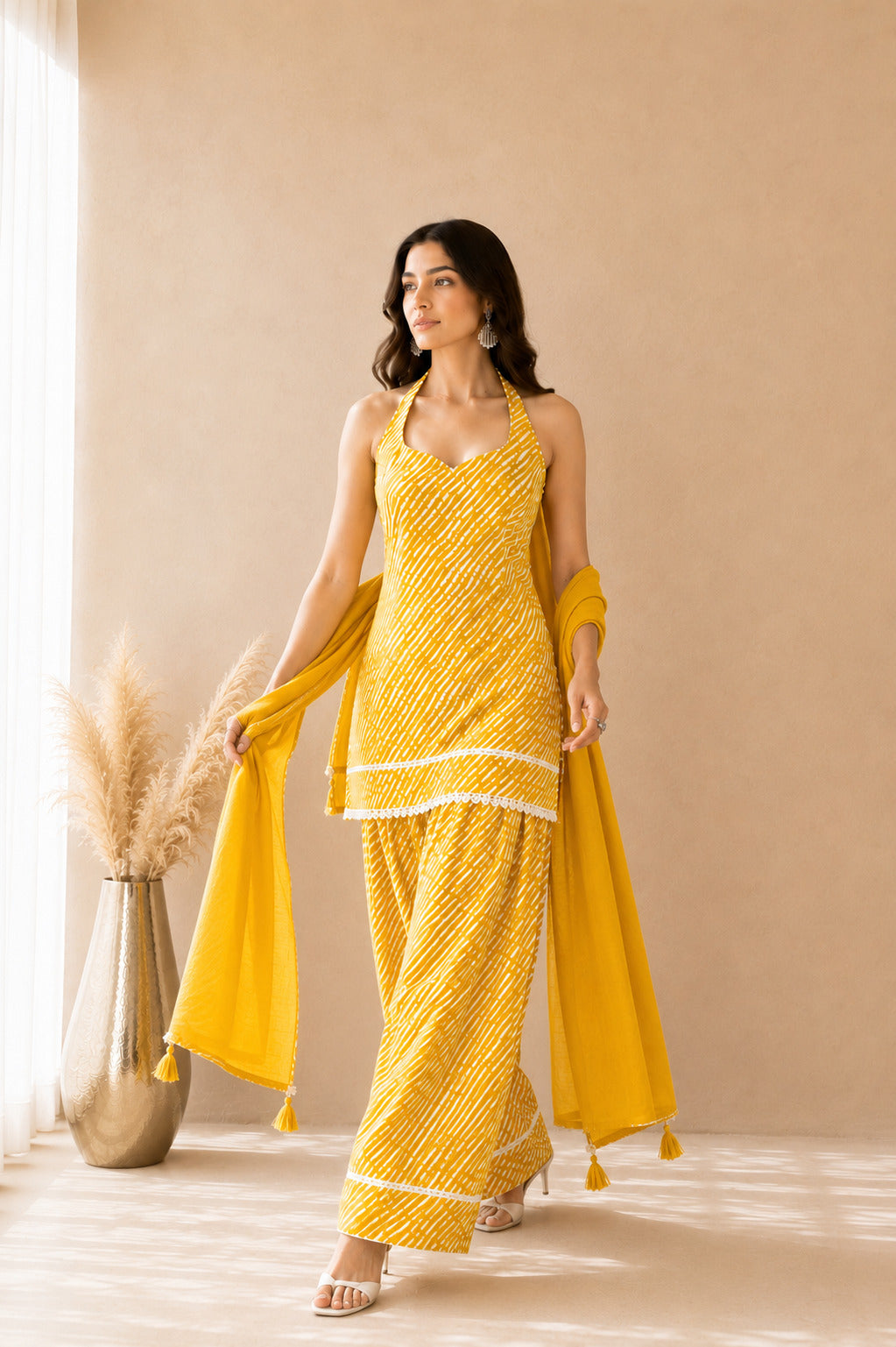 SURBHI YELLOW COTTON LEHERIYA FARSHI SET WITH DUPATTA