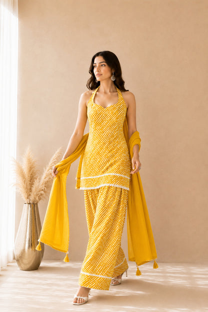 SURBHI YELLOW COTTON LEHERIYA FARSHI SET WITH DUPATTA